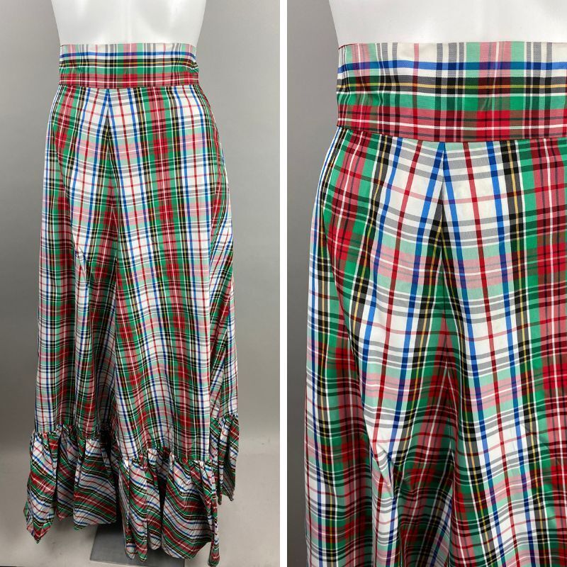 Vtg 60s Holiday Taffeta Green Red Plaid Maxi Ruffle Skirt Acetate Womens Size M
